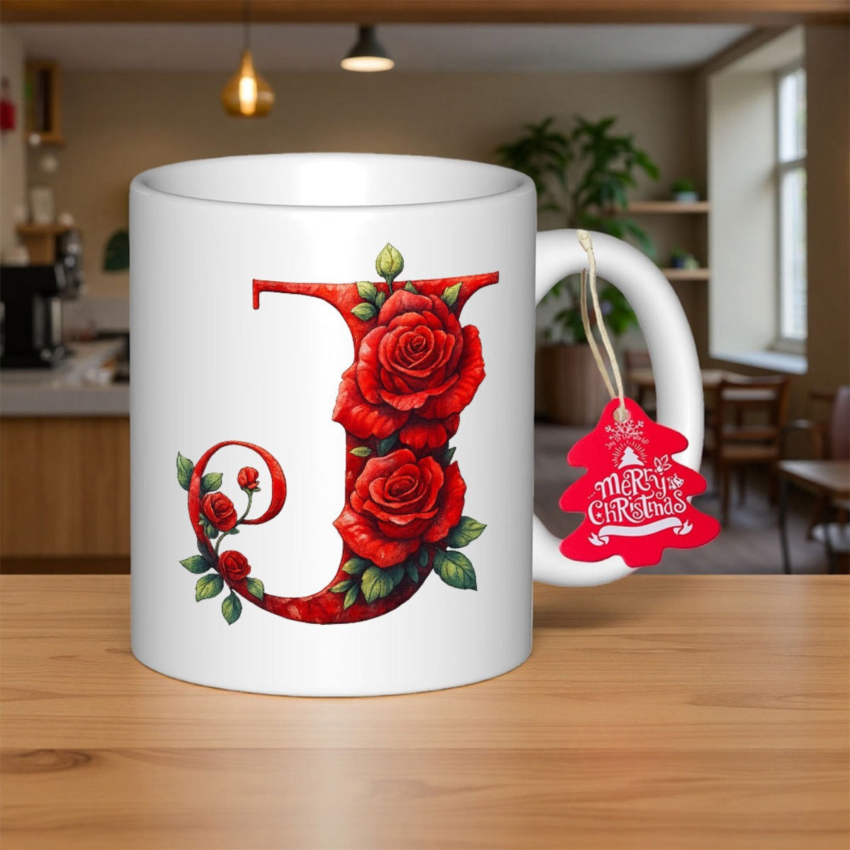 Tailorly White Ceramic 11 oz Mug - J Vibrant Red Roses Blooming Around A Decorative Floral Serif Monogram Letter