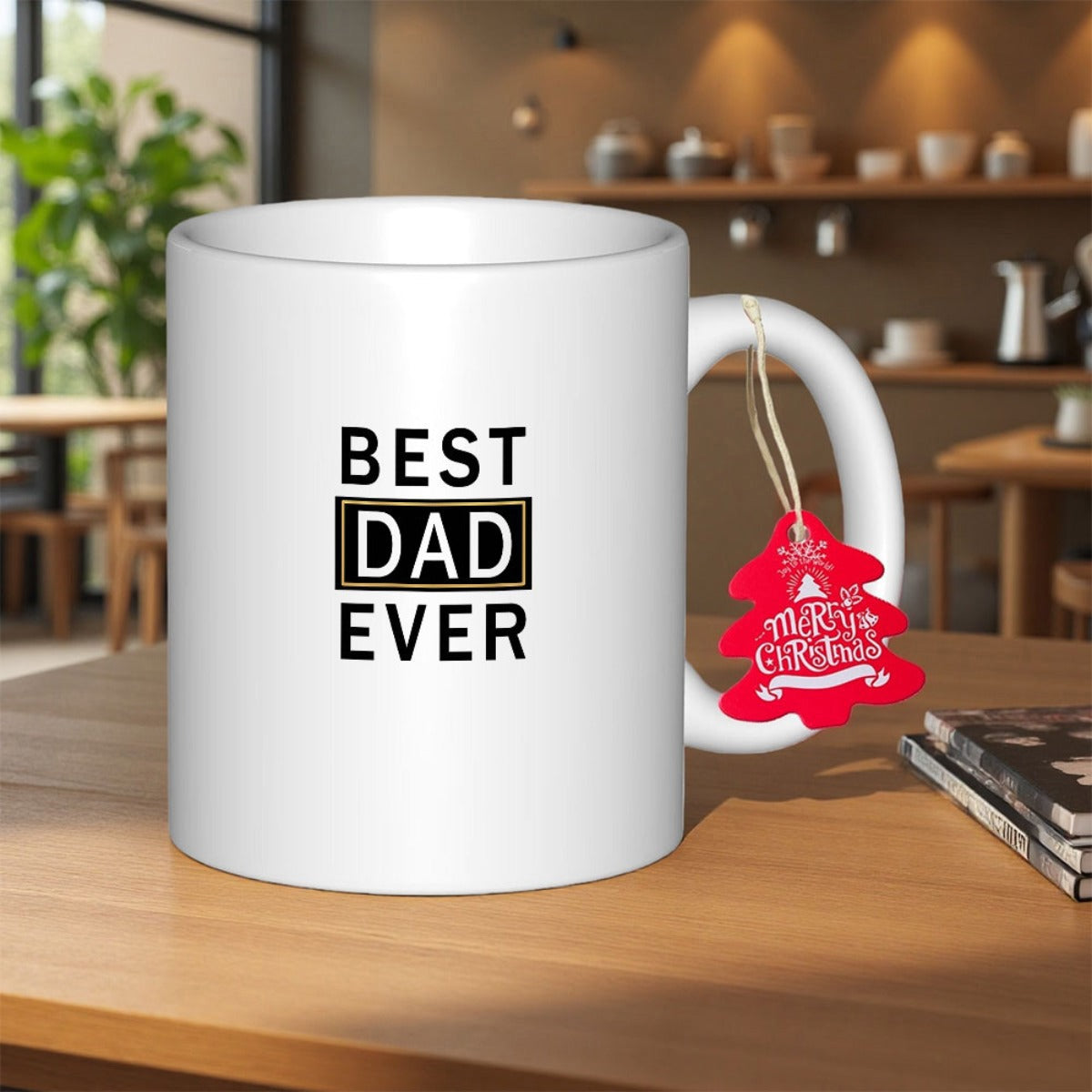 Tailorly White Ceramic 11 oz Mug - Best Dad Ever Minimalist Black Typography On Standing On Wooden Table Mug