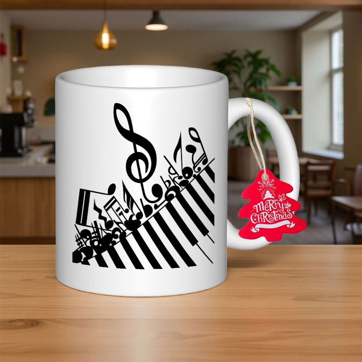 Tailorly White Ceramic 11 oz Mug - Merry Christmas Artistic Musical Notes Floating Over Diagonal Classic Keys Piano