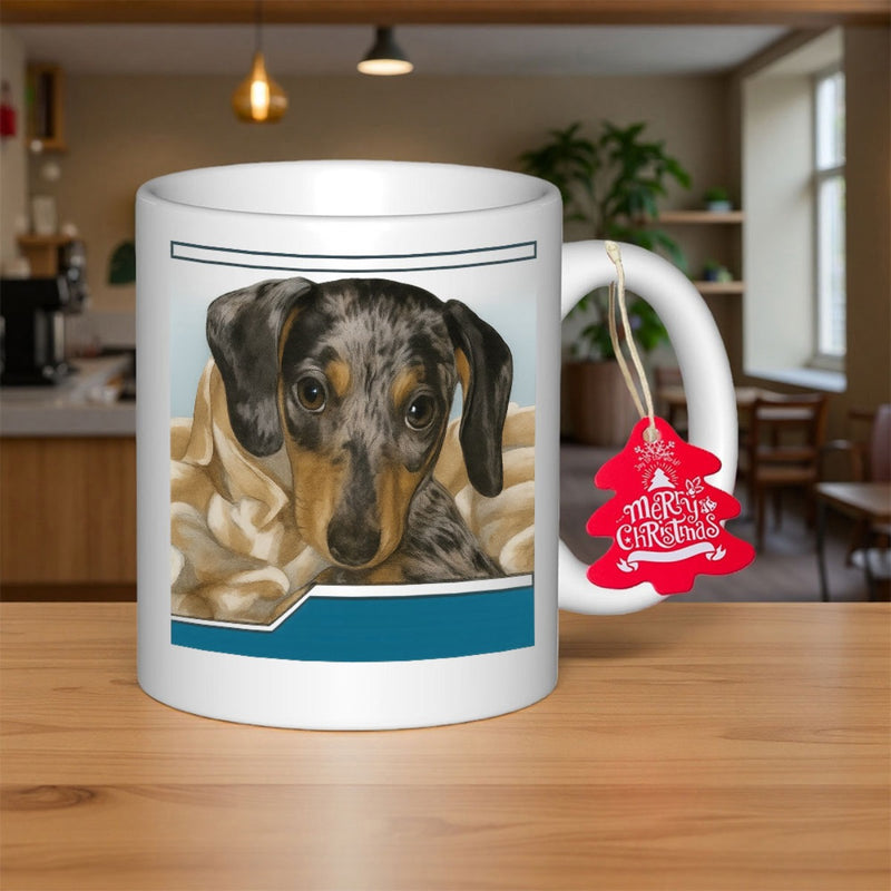 Tailorly White Ceramic 11 oz Mug - Merry Christmas Realistic Dapple Portrait Sitting Gracefully Among Cozy Soft Folded Warm Fabric Blankets Dachshund