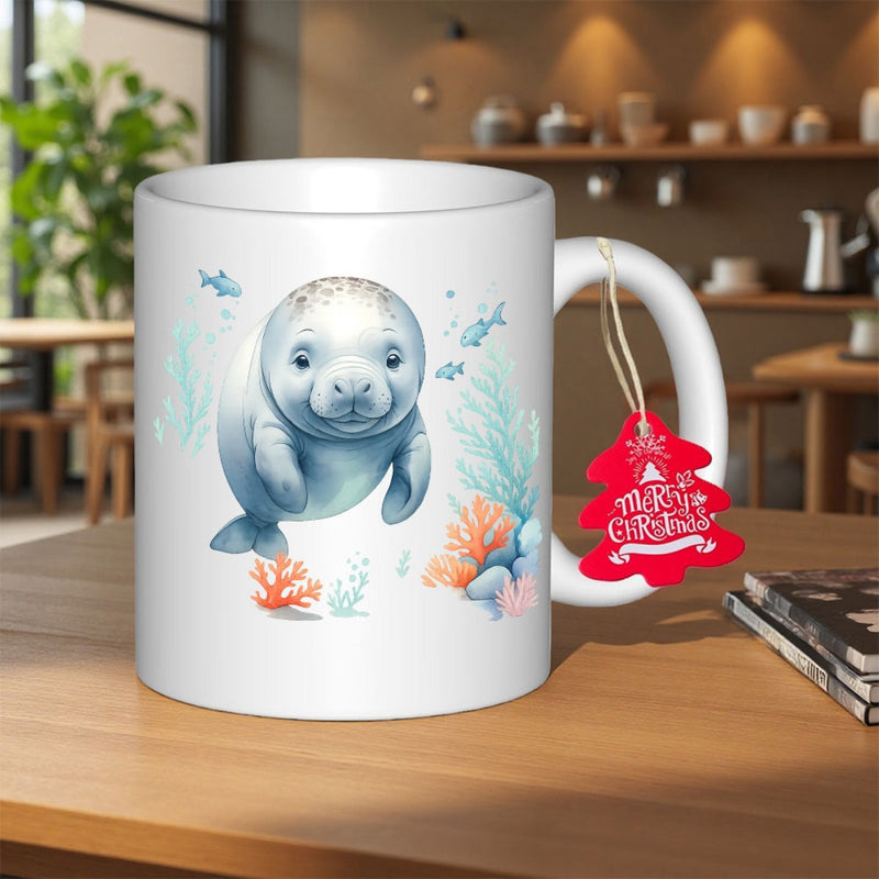 Tailorly White Ceramic 11 oz Mug - Merry Christmas Smiling Undersea Life Floating Among Vibrant Colorful Corals And Fishes Manatee