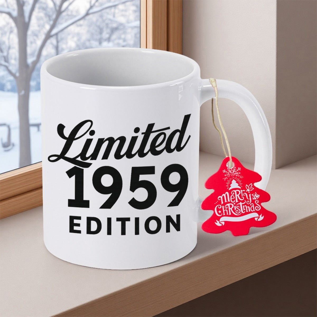 Tailorly White Ceramic 11 oz Mug - Limited 1959 Edition Merry Christmas Minimalist White Ceramic Vessel Resting Beside A Cold Snowy Window Mug