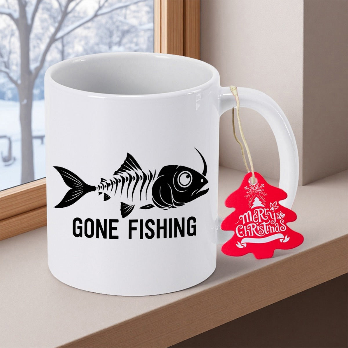 Tailorly White Ceramic 11 oz Mug - Gone Fishing Minimalist Black Silhouette Style Detailed Nautical Aquatic Bone Structure Fish Skeleton