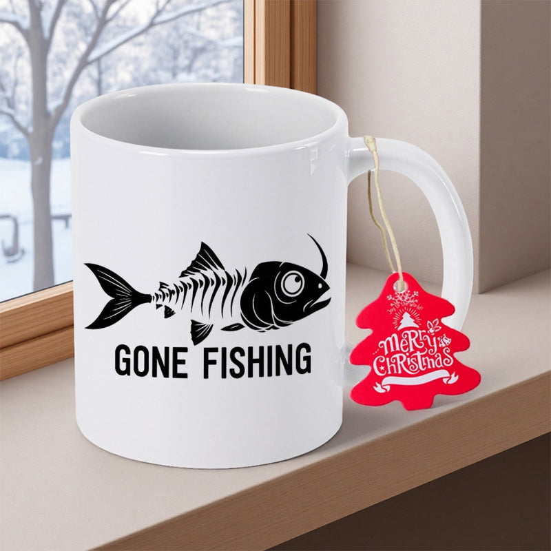 Tailorly White Ceramic 11 oz Mug - Gone Fishing Minimalist Black Silhouette Style Detailed Nautical Aquatic Bone Structure Fish Skeleton
