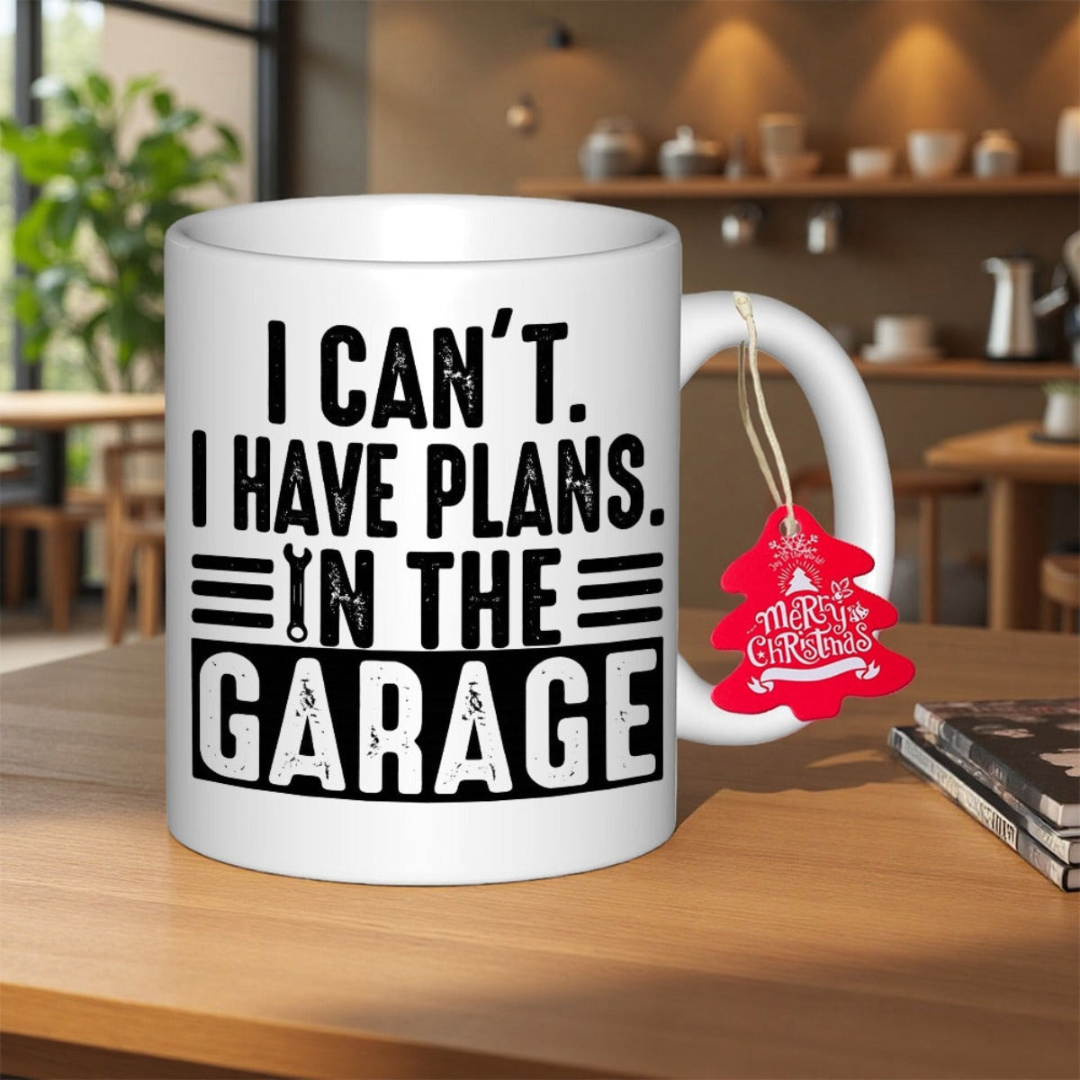 Tailorly White Ceramic 11 oz Mug - I Cant I Have Plans In The Garage Bold Black Typography Featuring Industrial Horizontal Stripes And Small Wrench Garage