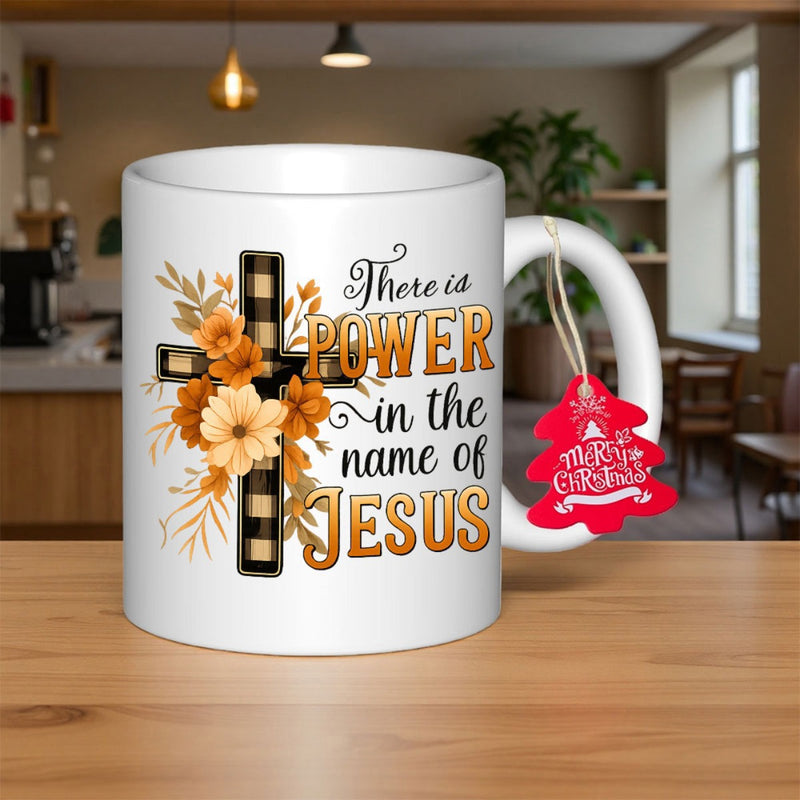 Tailorly White Ceramic 11 oz Mug - There Is Power In The Name Of Jesus Buffalo Plaid Pattern With Autumn Floral Elements And Delicate Golden Leaves Decorative