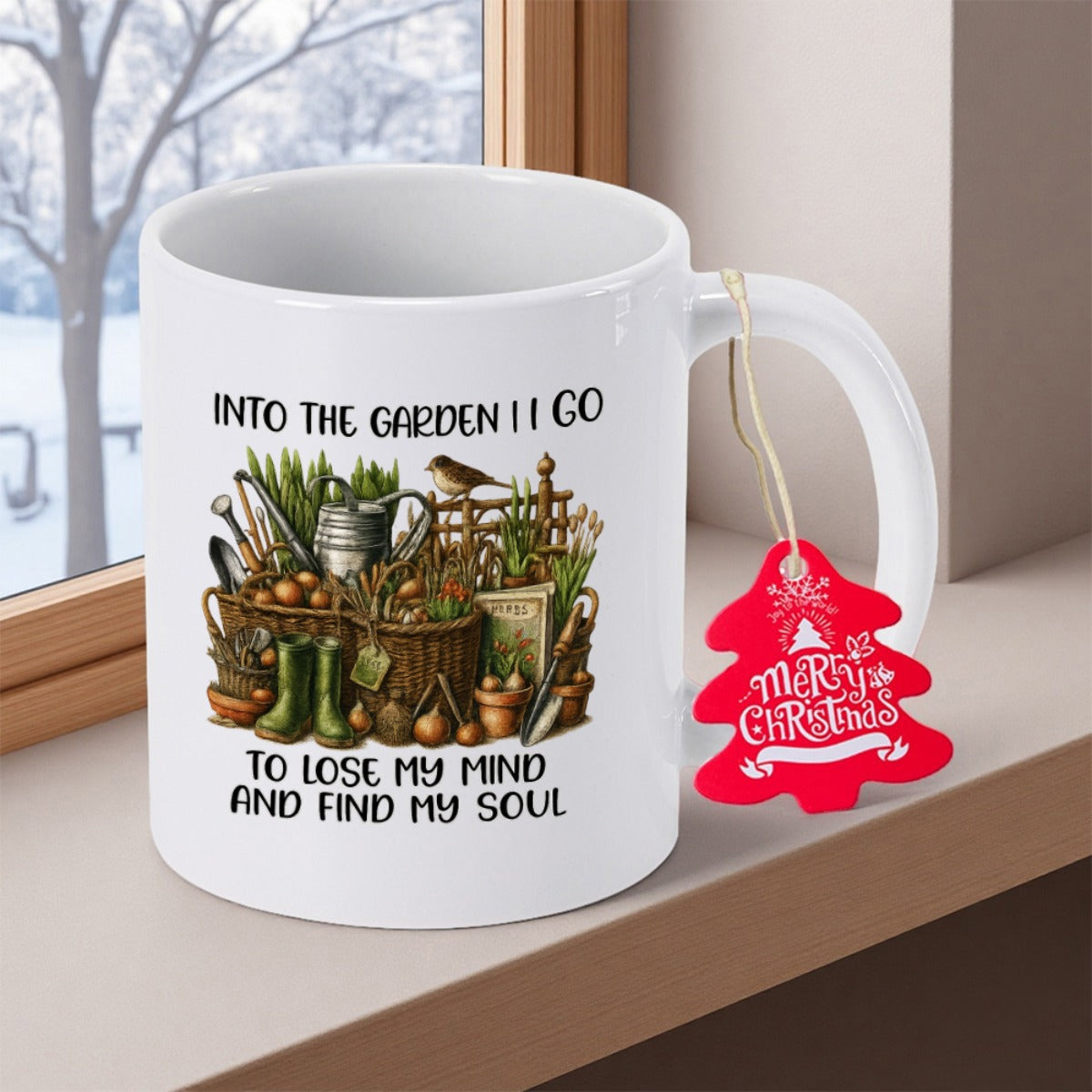 Tailorly White Ceramic 11 oz Mug - Into The Garden I Go To Lose My Mind And Find My Soul Rustic Woven Basket Filled With Watering Can And Gardening Equipment