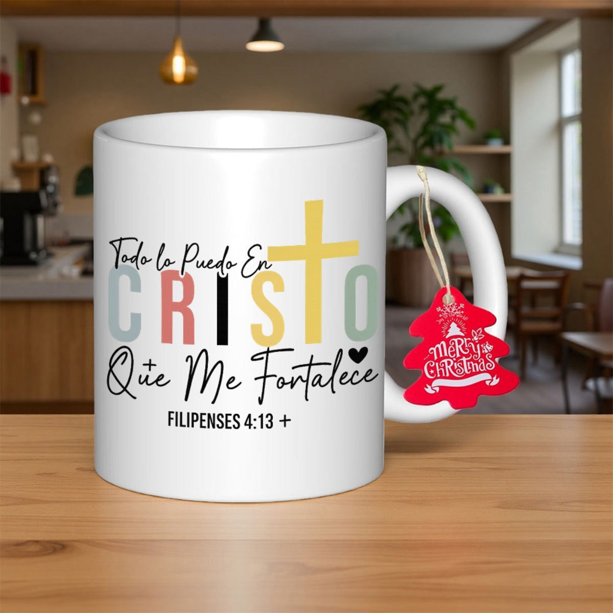 Tailorly White Ceramic 11 oz Mug - Merry Christmas Minimalist Christian Cross With Inspirational Religious Scripture And Artistic Colorful Block Lettering Cross