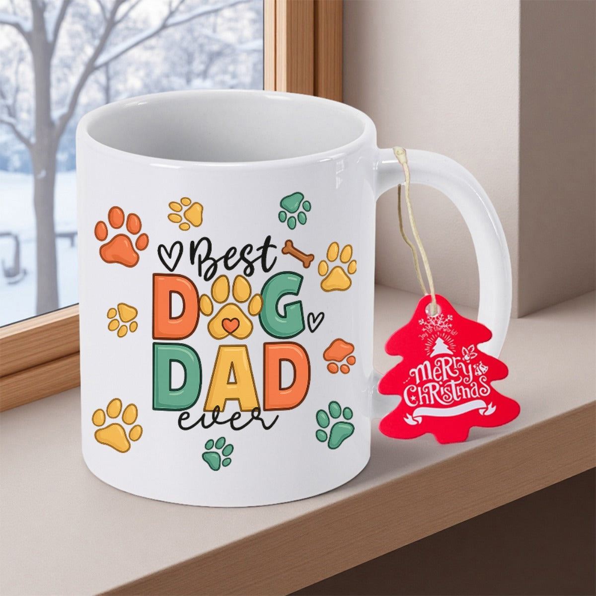 Tailorly White Ceramic 11 oz Mug - Best Dog Dad Ever Merry Christmas Colorful Paw Prints Scattered Around Bold Artistic Lettering Mug