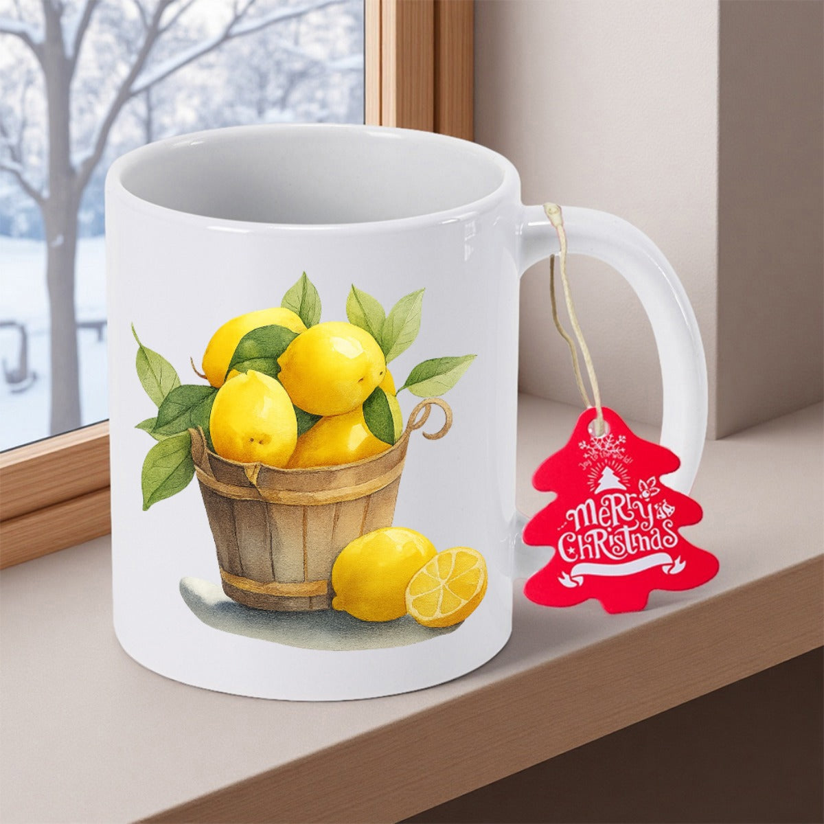 Tailorly White Ceramic 11 oz Mug - Merry Christmas Vibrant Yellow Lemons Nestled Within A Rustic Wooden Basket Lemon