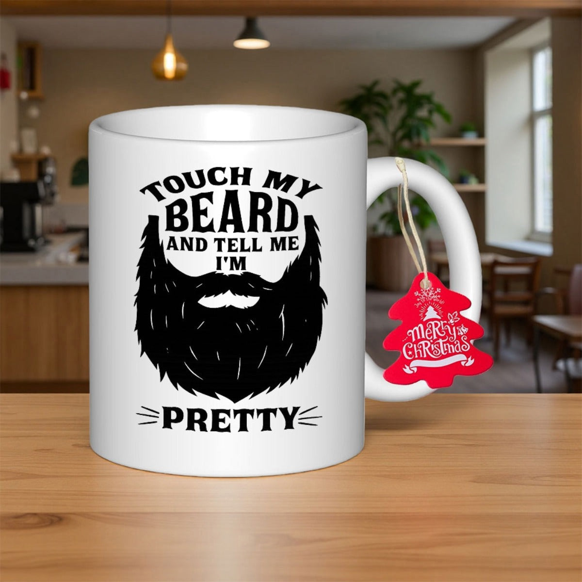 Tailorly White Ceramic 11 oz Mug - Touch My Beard And Tell Me Im Pretty Solid Black Bushy Facial Hair Silhouette Printed On Ceramic Beard