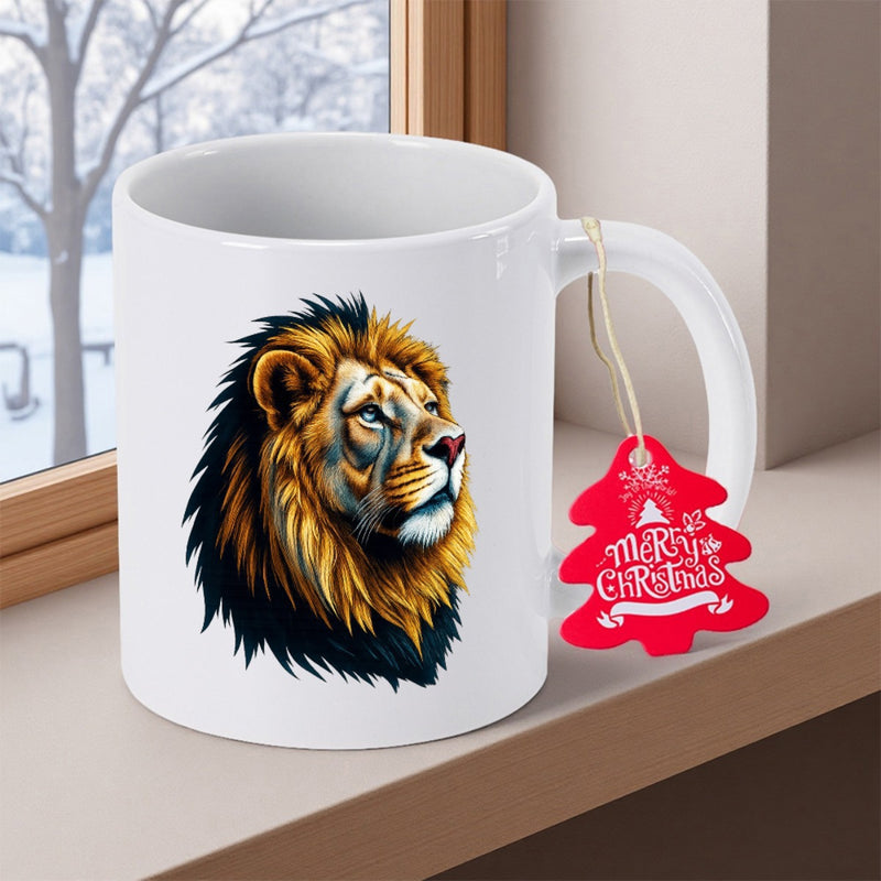 Tailorly White Ceramic 11 oz Mug - Merry Christmas Majestic Golden Mane Wild Animal Profile Facing Upwards Towards The Horizon Lion