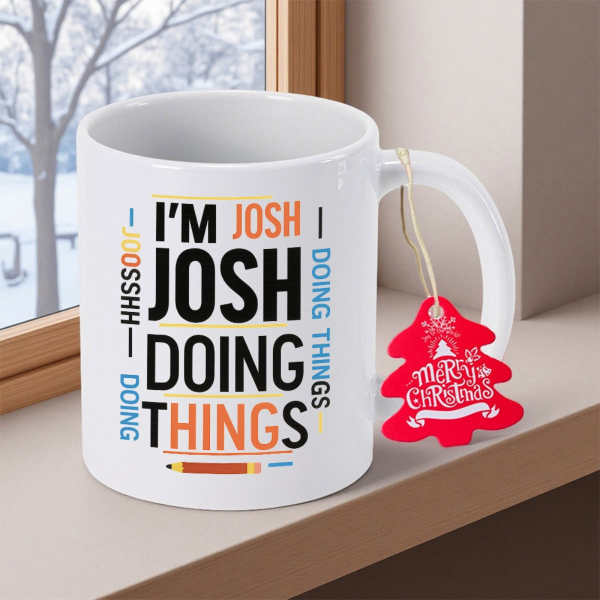 Tailorly White Ceramic 11 oz Mug - Im Josh Doing Things Minimalist Modern Style With Bold Vertical And Horizontal Lettering Layout Mug