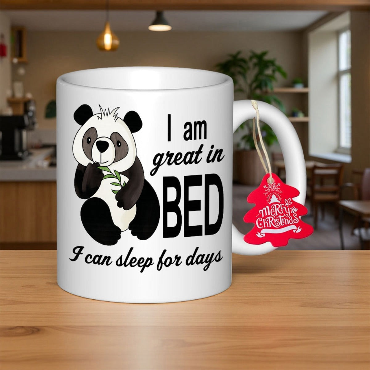 Tailorly White Ceramic 11 oz Mug - I Am Great In Bed I Can Sleep For Days Cute Sitting Panda Holding Bamboo Leaf Within Simple Minimalist Background Panda