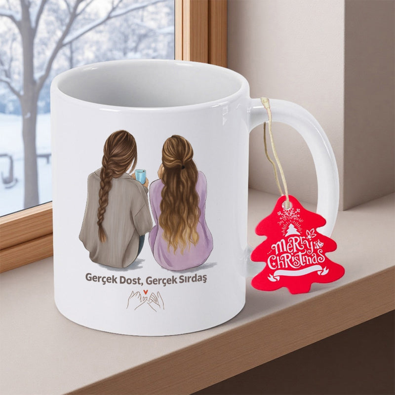 Tailorly White Ceramic 11 oz Mug - Merry Christmas Two Friends Sitting Together Looking Out A Snowy Window During Winter Illustration
