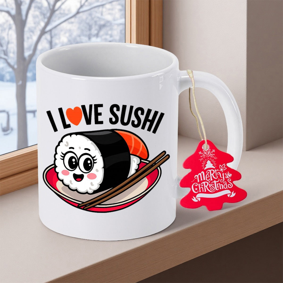 Tailorly White Ceramic 11 oz Mug - I Love Sushi Merry Christmas Smiling Cartoon Roll Resting In Red Bowl With Chopsticks Sushi