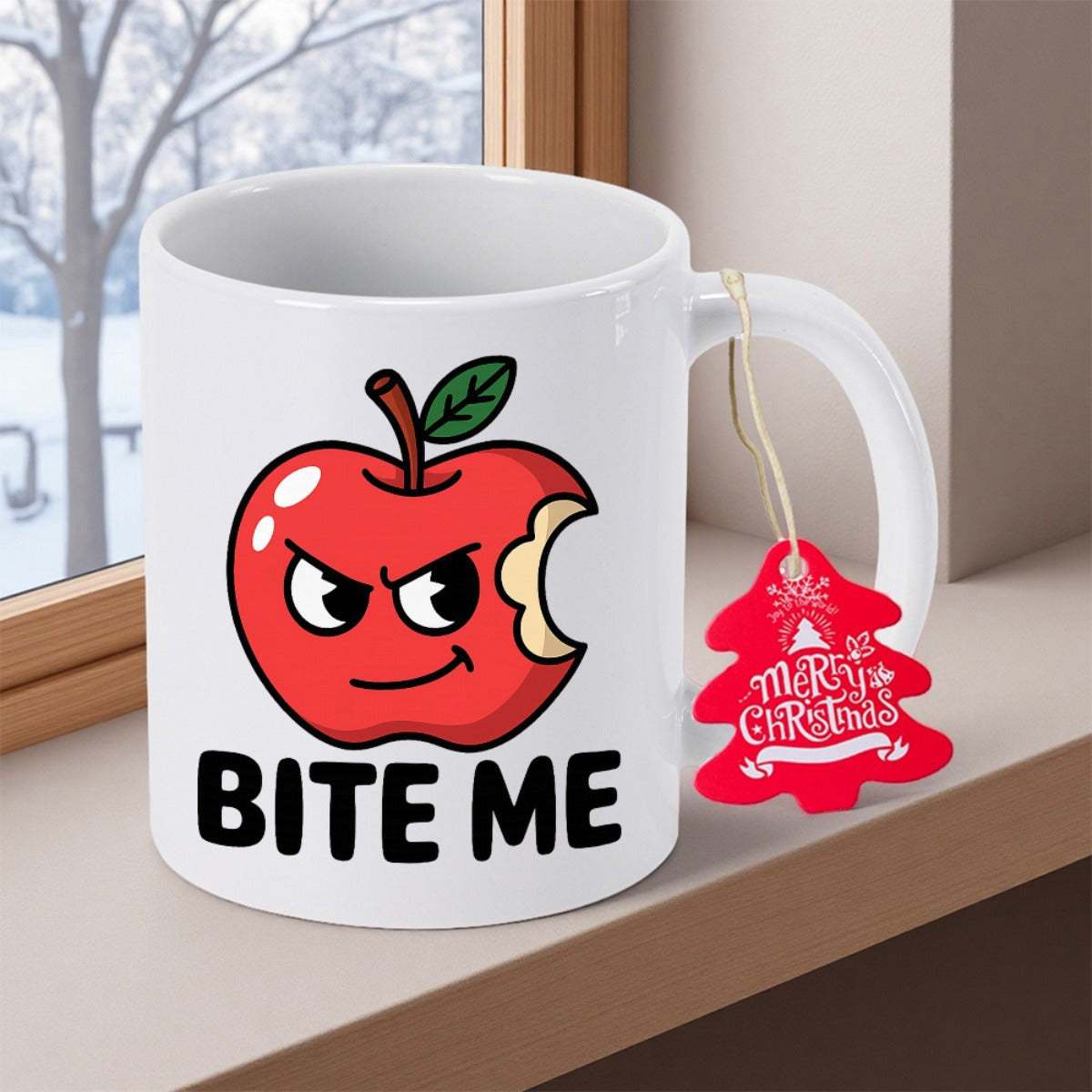 Tailorly White Ceramic 11 oz Mug - Bite Me Cartoonish Angry Red Fruit With Vintage Eyes And Bite Mark Apple