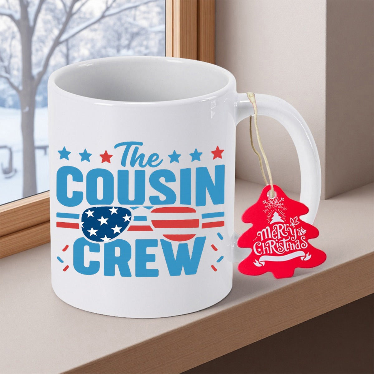 Tailorly White Ceramic 11 oz Mug - The Cousin Crew Patriotic Sunglasses Featuring American Flag Pattern With Small Stars Mug
