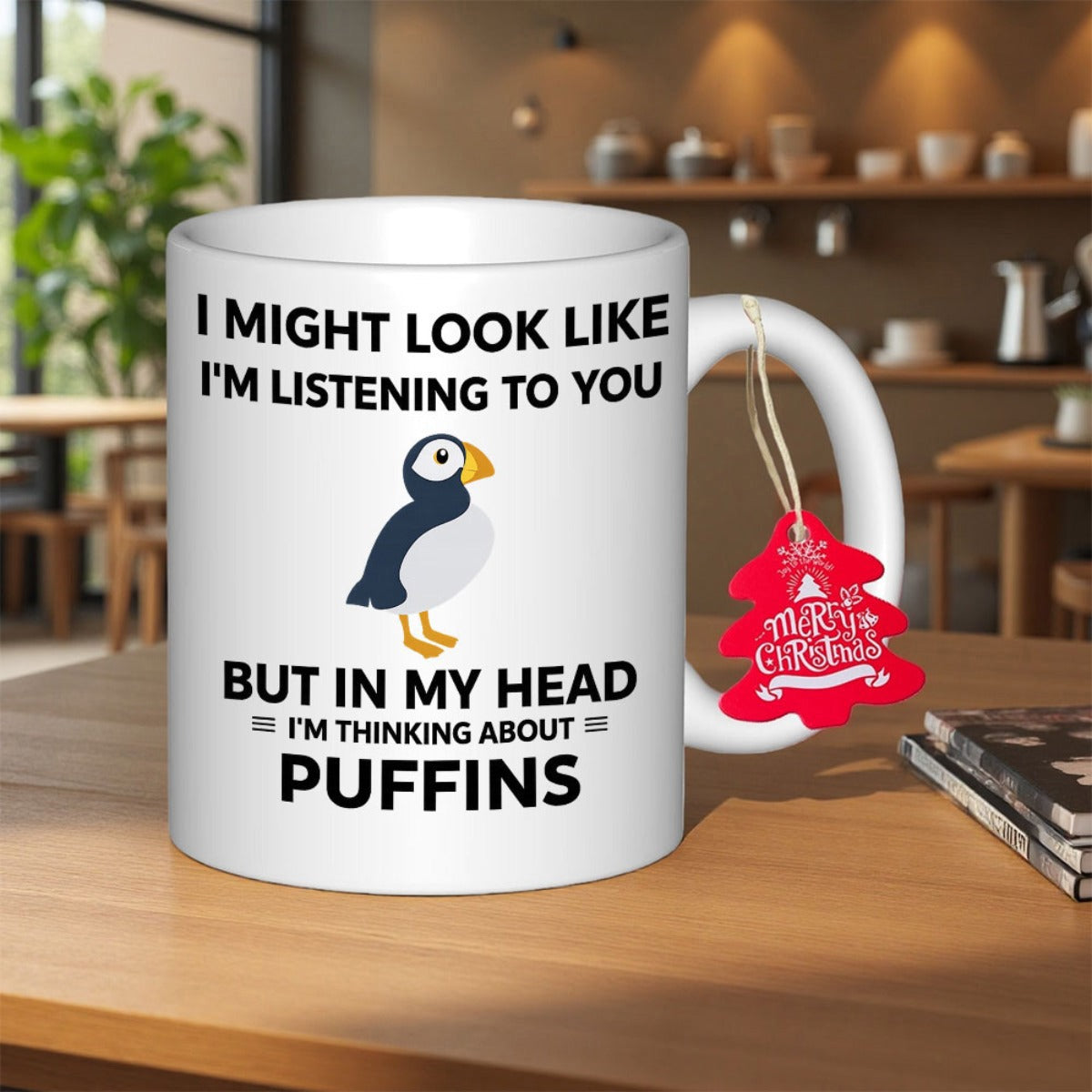 Tailorly White Ceramic 11 oz Mug - I Might Look Like Im Listening To You But In My Head Im Thinking About Puffins Charming Minimalist Bird Graphic Standing Still