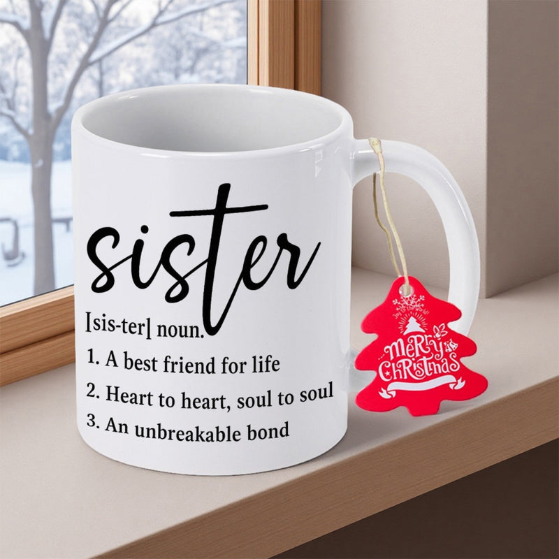 Tailorly White Ceramic 11 oz Mug - Sister Minimalist White Ceramic Vessel With Artistic Script Lettering And Dictionary Format Mug