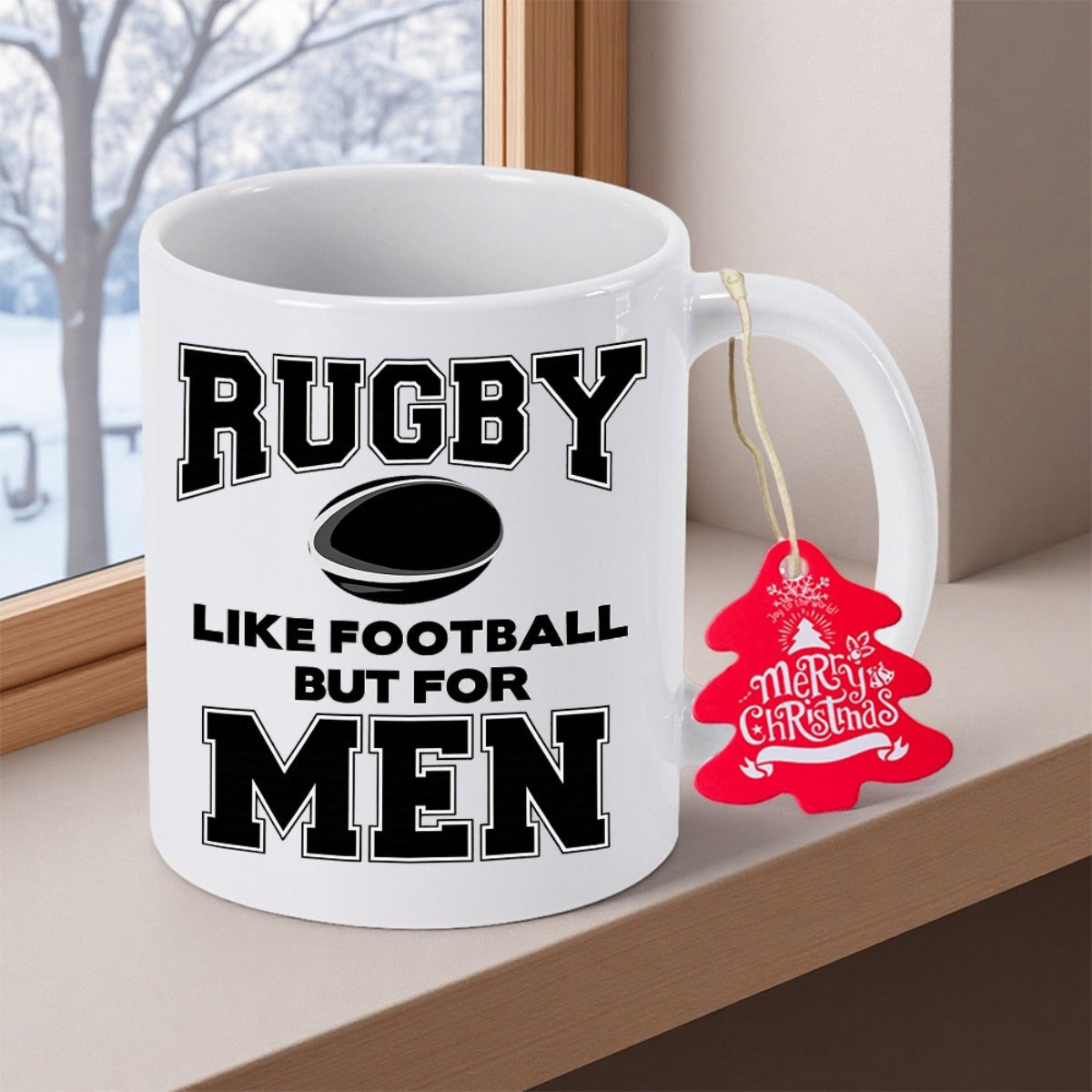 Tailorly White Ceramic 11 oz Mug - Rugby Like Football But For Men Minimalist Black Stylized Sports Ball Centered Between Bold Varsity Lettering Rugby Ball