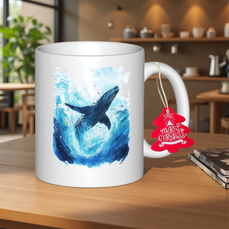 Tailorly White Ceramic 11 oz Mug - Merry Christmas Watercolor Blue Whale Breaching Through Splashing Ocean Waves Under Bright Morning Light Whale