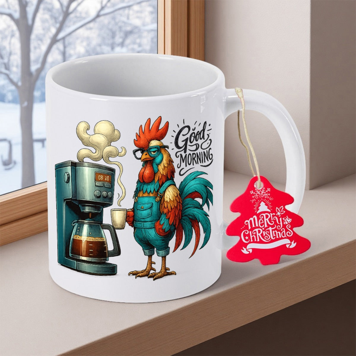 Tailorly White Ceramic 11 oz Mug - Good Morning Stylized Rooster Holding Coffee Next To Steaming Brewing Coffee Machine Rooster