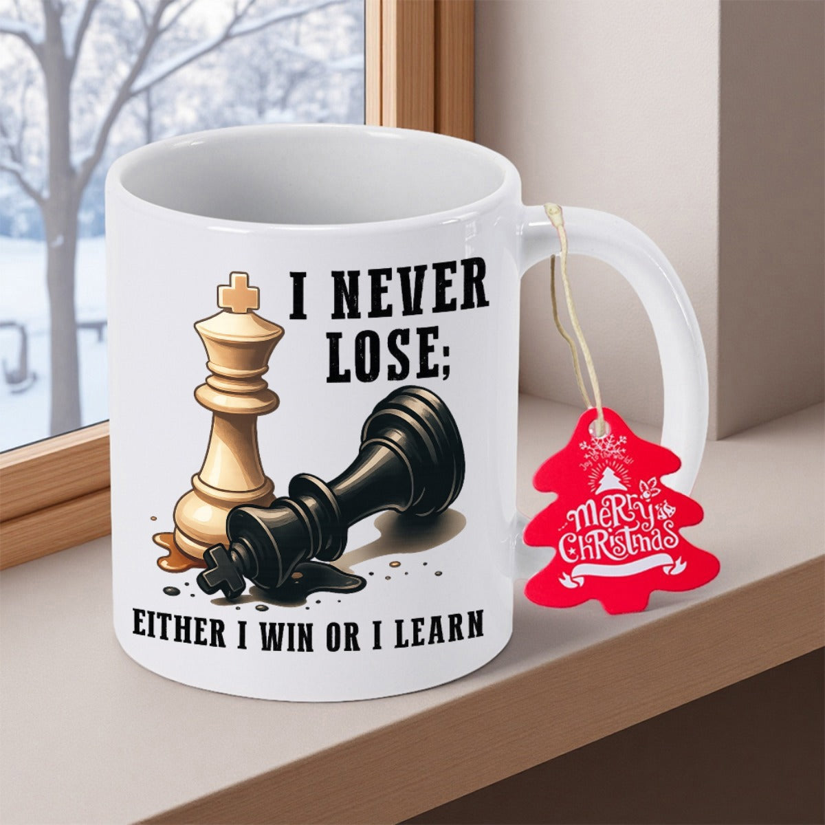 Tailorly White Ceramic 11 oz Mug - I Never Lose Either I Win Or I Learn Standing White King Figure Next To Fallen Black Weighted Chess Piece