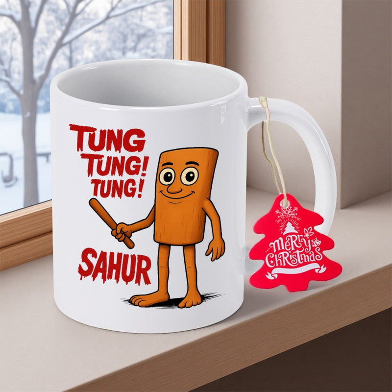 Tailorly White Ceramic 11 oz Mug - Tung Tung Tung Sahur Smiling Brown Rectangular Character Holding A Wooden Stick Mascot
