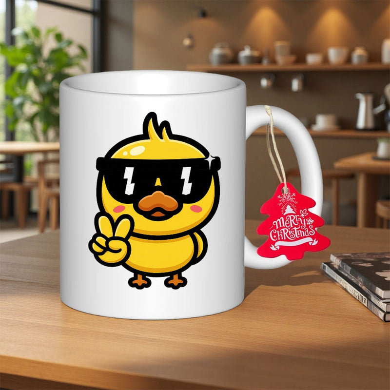 Tailorly White Ceramic 11 oz Mug - Merry Christmas Cool Yellow Duck Wearing Black Sunglasses Making Peace Gesture Duck