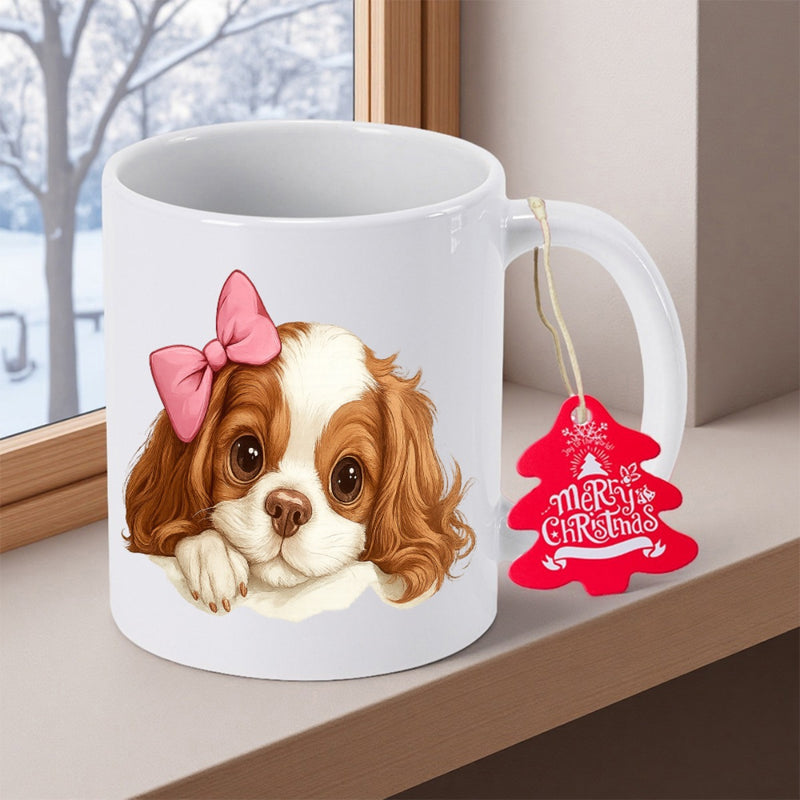 Tailorly White Ceramic 11 oz Mug - Merry Christmas Adorable Fluffy Brown White Puppy Wearing A Pretty Pink Bow Puppy