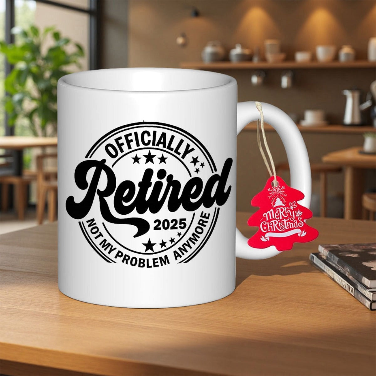 Tailorly White Ceramic 11 oz Mug - Officially Retired 2025 Not My Problem Anymore Merry Christmas Pure With Bold Vintage Circular Black Typography Emblem Mug