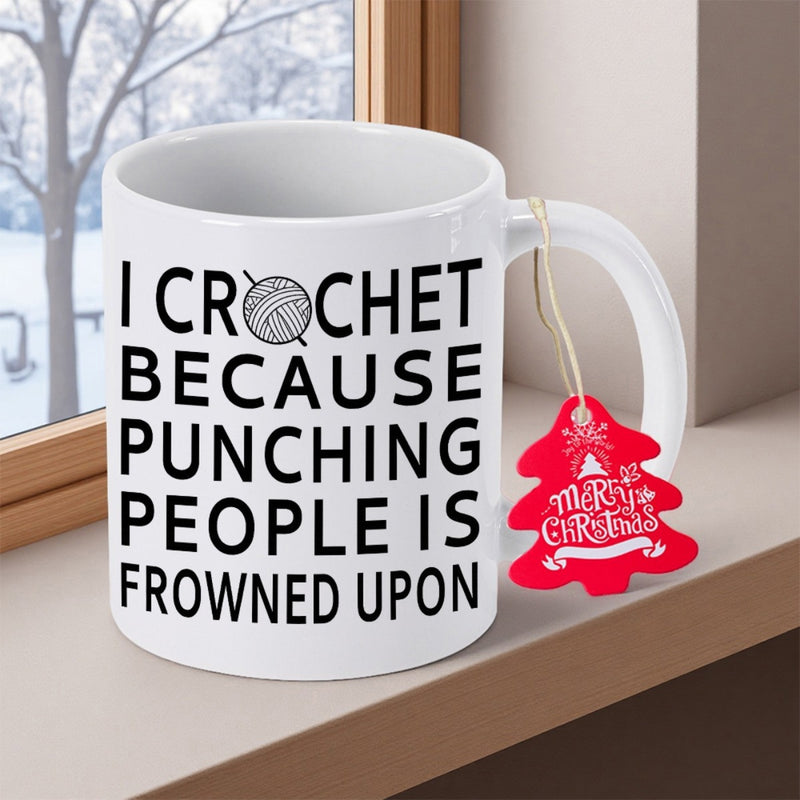 Tailorly White Ceramic 11 oz Mug - I Crochet Because Punching People Is Frowned Upon Minimalist Yarn Ball With Hook On Glossy White Background Ceramic Crafting Mug