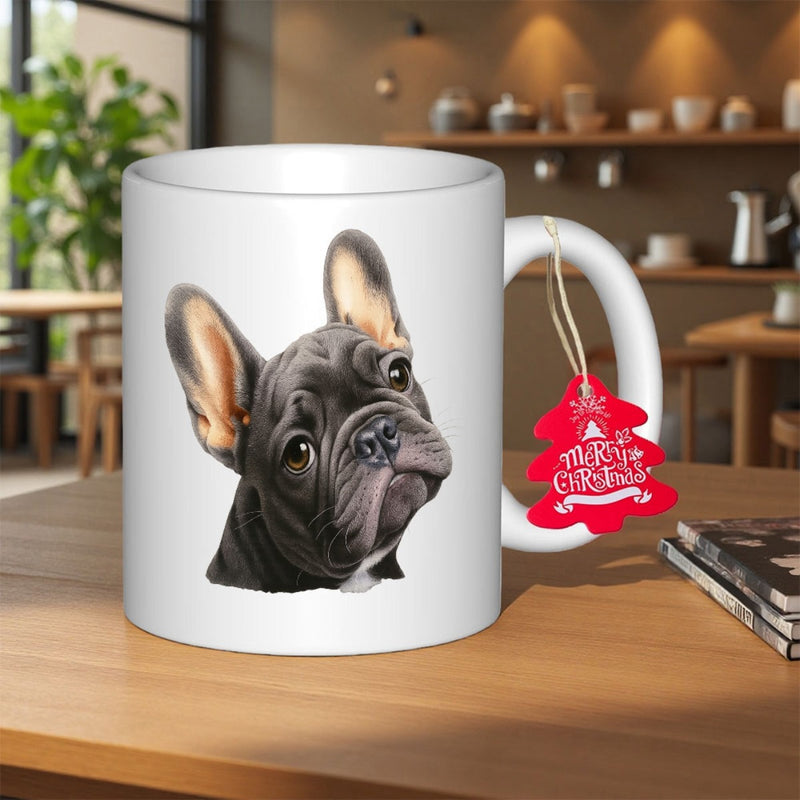 Tailorly White Ceramic 11 oz Mug - Merry Christmas Realistic Black French Bulldog Portrait With Expressive Eyes And Large Ears Dog