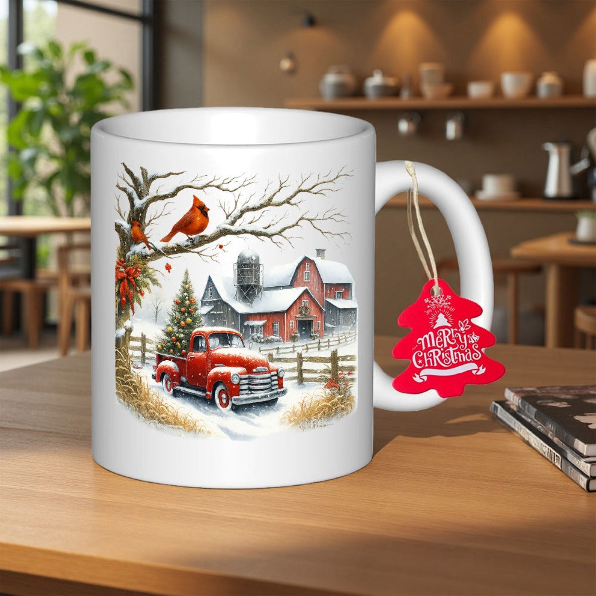 Tailorly White Ceramic 11 oz Mug - Merry Christmas Rustic Vintage Red Truck Parked In Snowy Farm Near Red Barn Truck