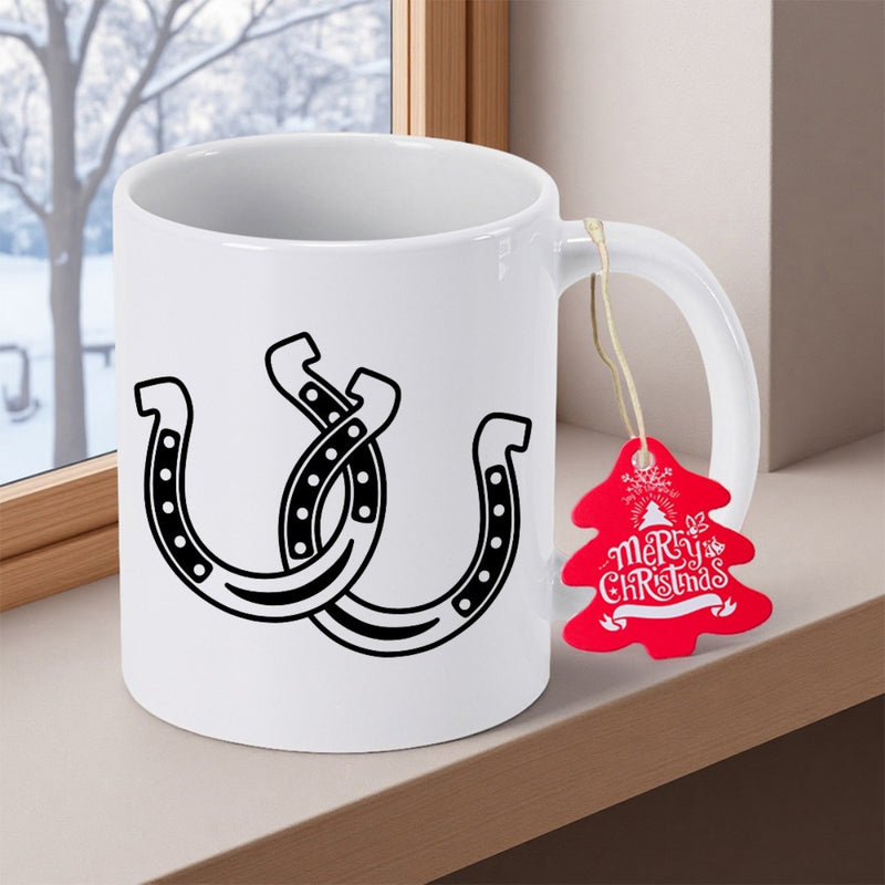 Tailorly White Ceramic 11 oz Mug - Two Interlocking Black Outlined Traditional Western Lucky Symbols Horseshoe