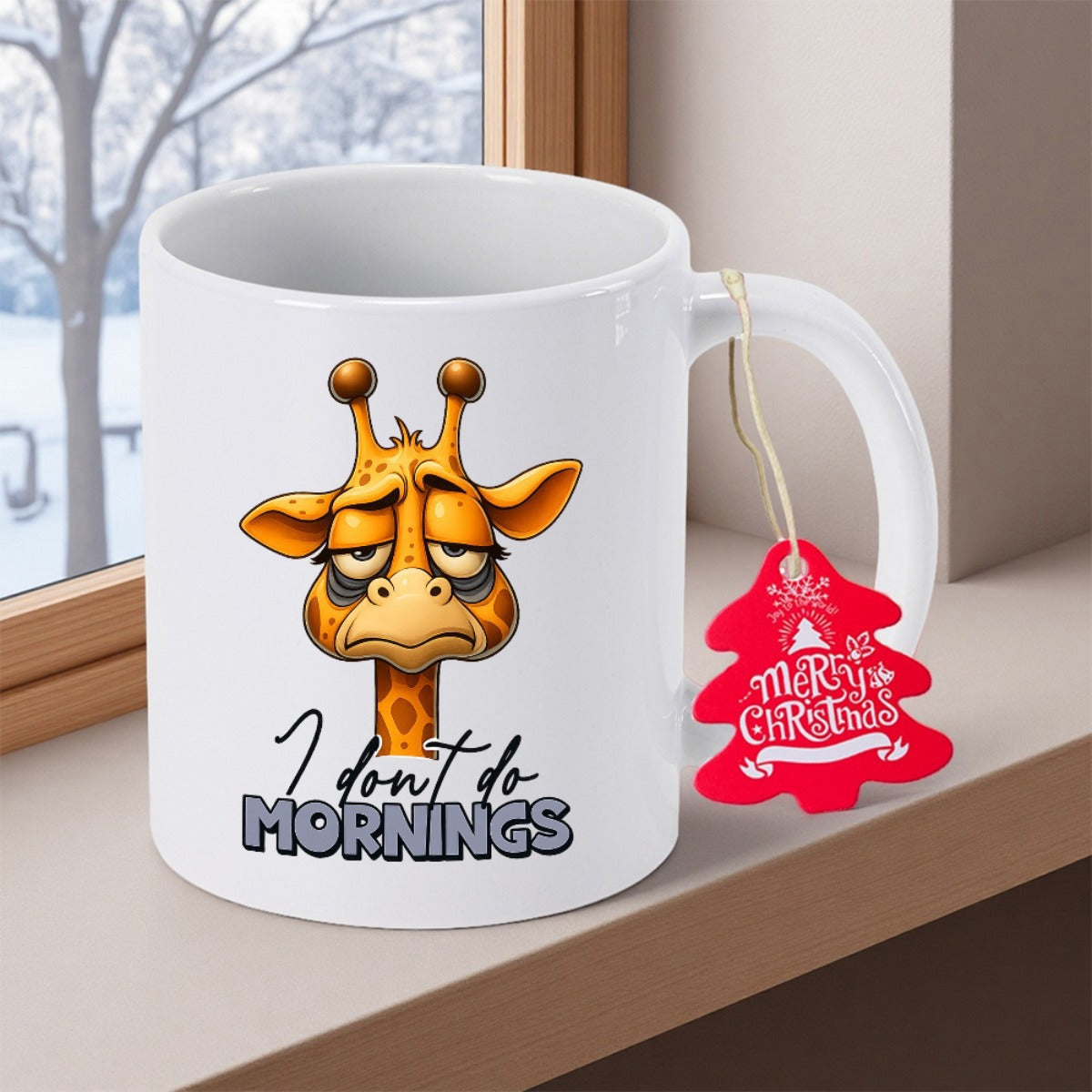 Tailorly White Ceramic 11 oz Mug - I Don't Do Mornings Grumpy Cartoon Animal With Heavy Eyelids And Slender Neck Giraffe