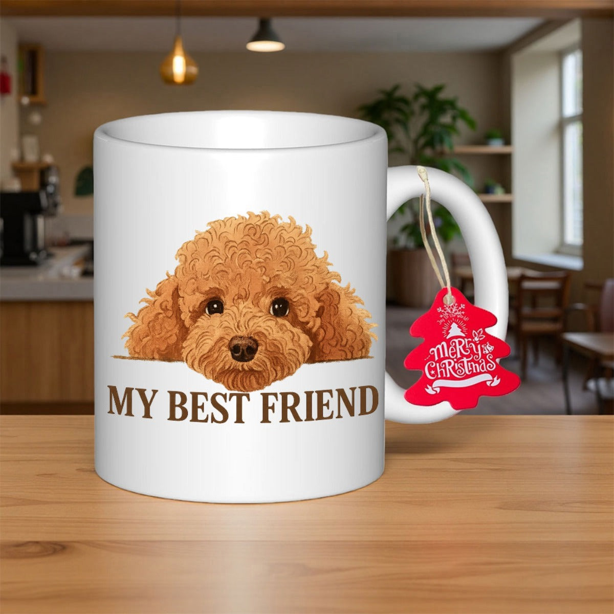 Tailorly White Ceramic 11 oz Mug - My Best Friend Fluffy Brown Curly Haired Poodle Peeking Over A Flat White Horizon Poodle