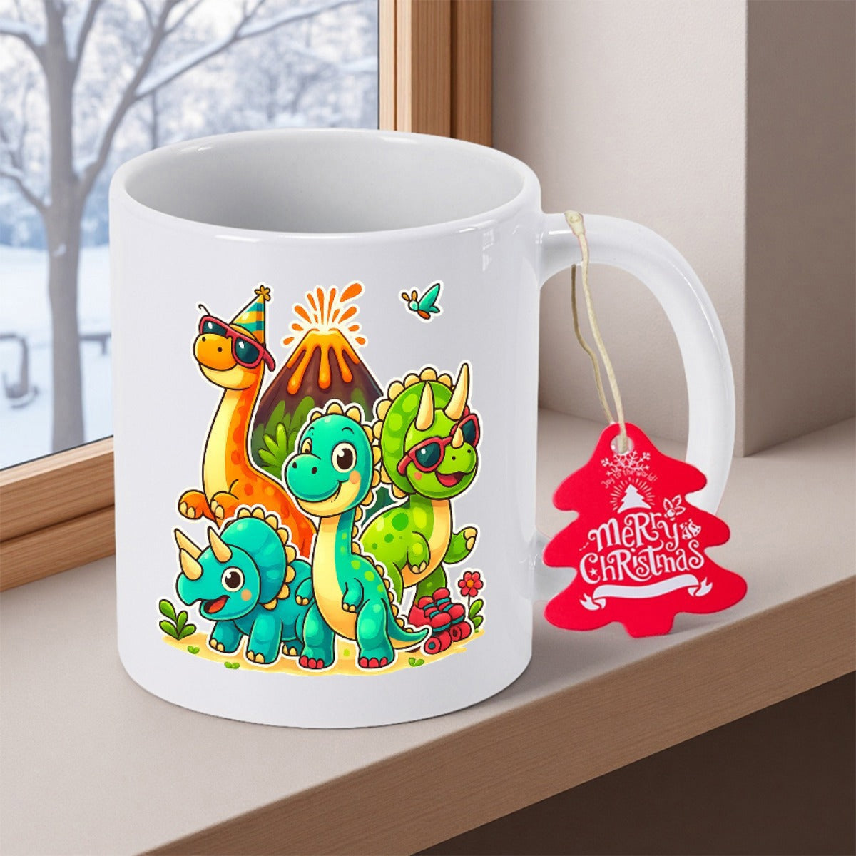 Tailorly White Ceramic 11 oz Mug - Merry Christmas Cute Colorful Cartoon Animals Celebrating Near A Vibrant Smoking Volcano Dinosaur