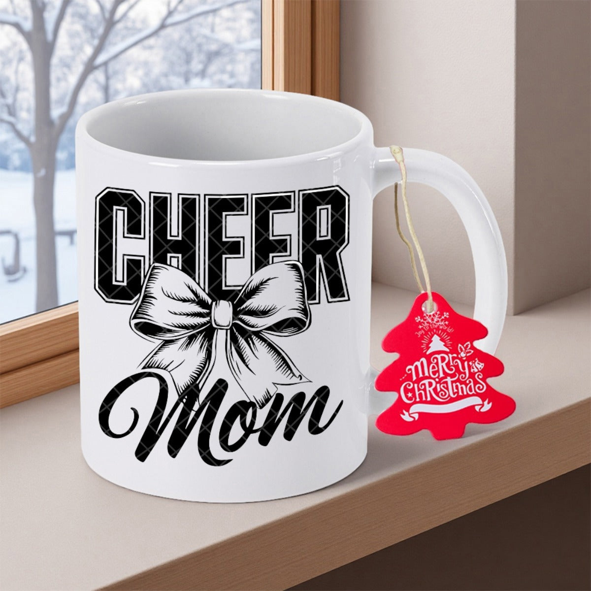 Tailorly White Ceramic 11 oz Mug - Cheer Mom Classic Athletic Typography With Elegant Hand Drawn Artistic Ribbon Bow
