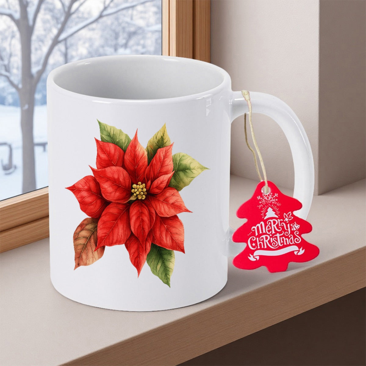 Tailorly White Ceramic 11 oz Mug - Merry Christmas Vibrant Red Blooming Poinsettia With Lush Green Leaves And Elegant Petals Flower