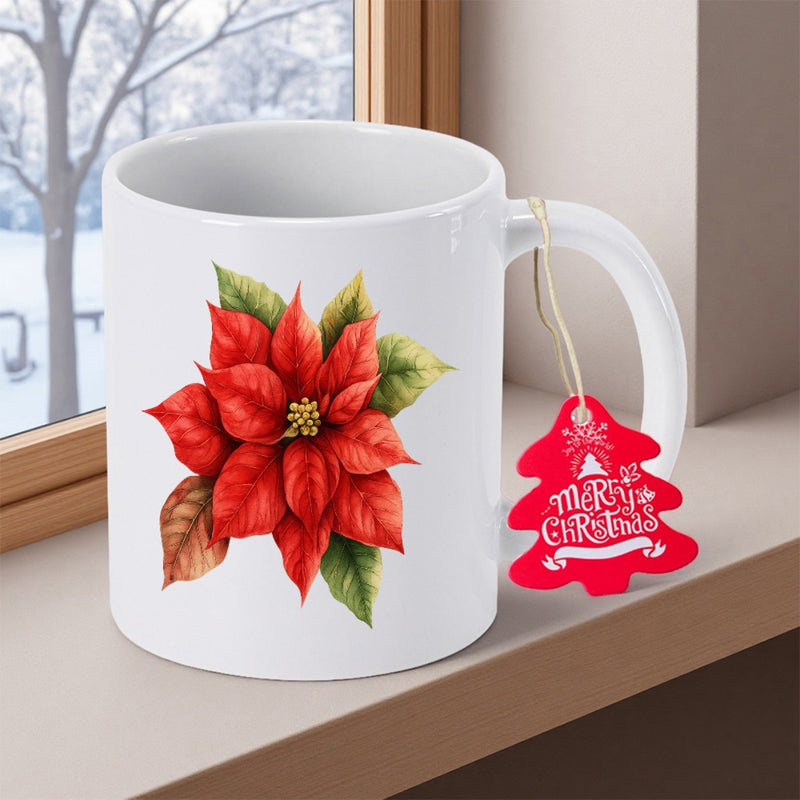 Tailorly White Ceramic 11 oz Mug - Merry Christmas Vibrant Red Blooming Poinsettia With Lush Green Leaves And Elegant Petals Flower