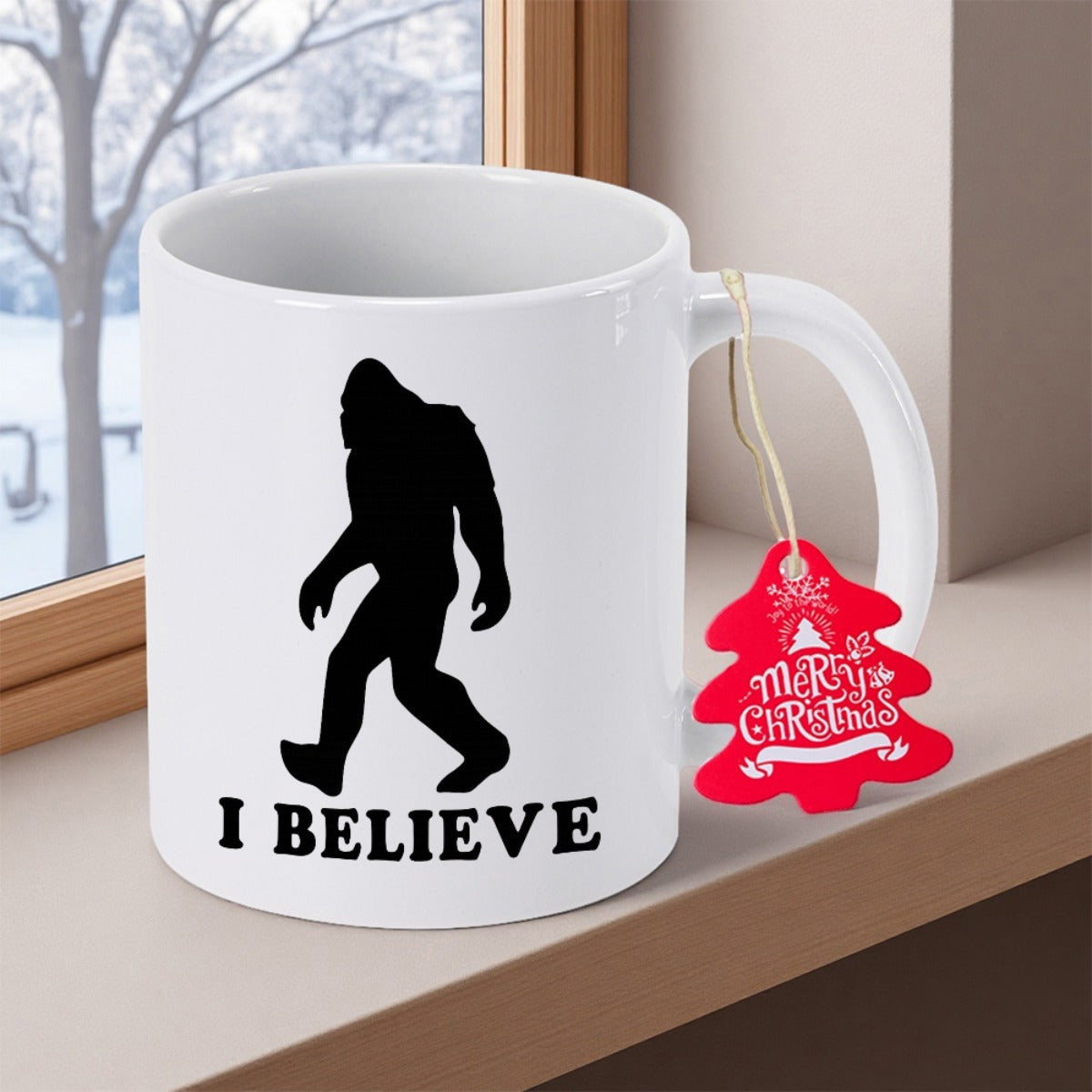 Tailorly White Ceramic 11 oz Mug - I Believe Shadowy Walking Creature Through Snowy Winter Wilderness With Mysterious Forest Vibe Sasquatch