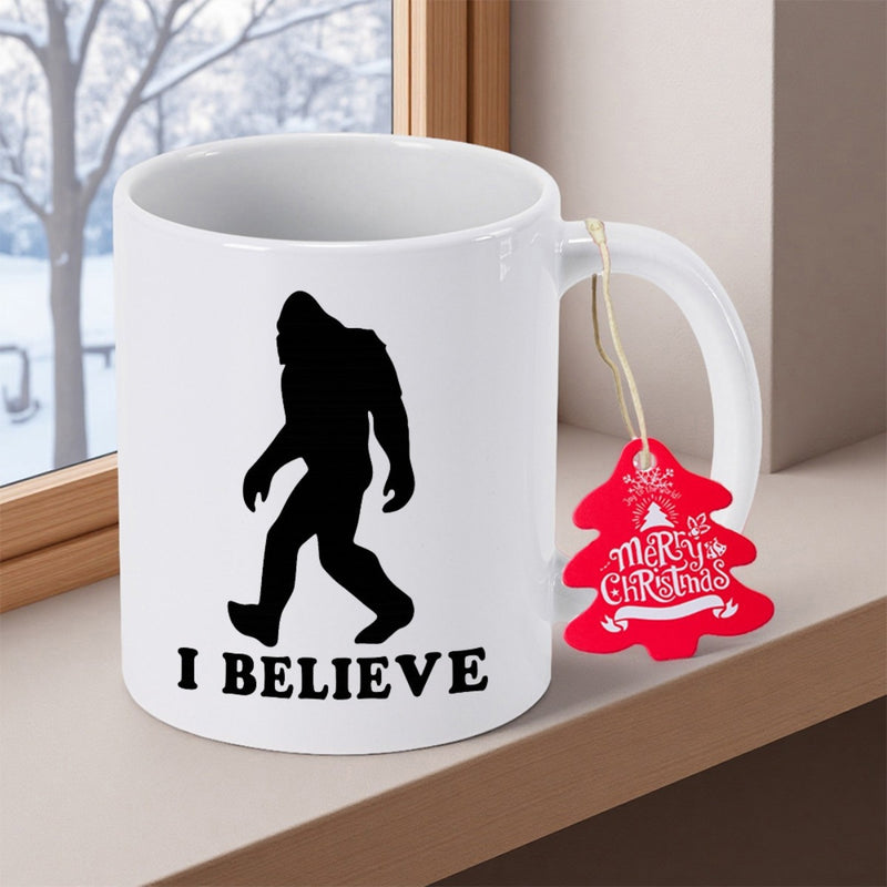 Tailorly White Ceramic 11 oz Mug - I Believe Shadowy Walking Creature Through Snowy Winter Wilderness With Mysterious Forest Vibe Sasquatch