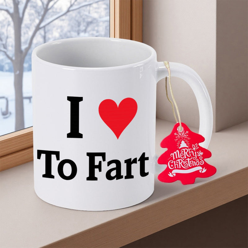 Tailorly White Ceramic 11 oz Mug - I To Fart Merry Christmas Bold Black Serif Letters With Centered Red Heart And Hanging Tag Mug