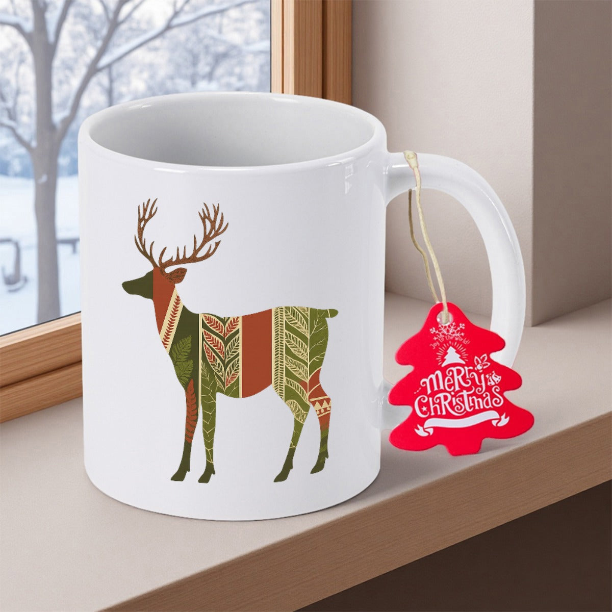 Tailorly White Ceramic 11 oz Mug - Merry Christmas Elegant Patterned Reindeer Standing Proudly Within A Winter Scene Deer
