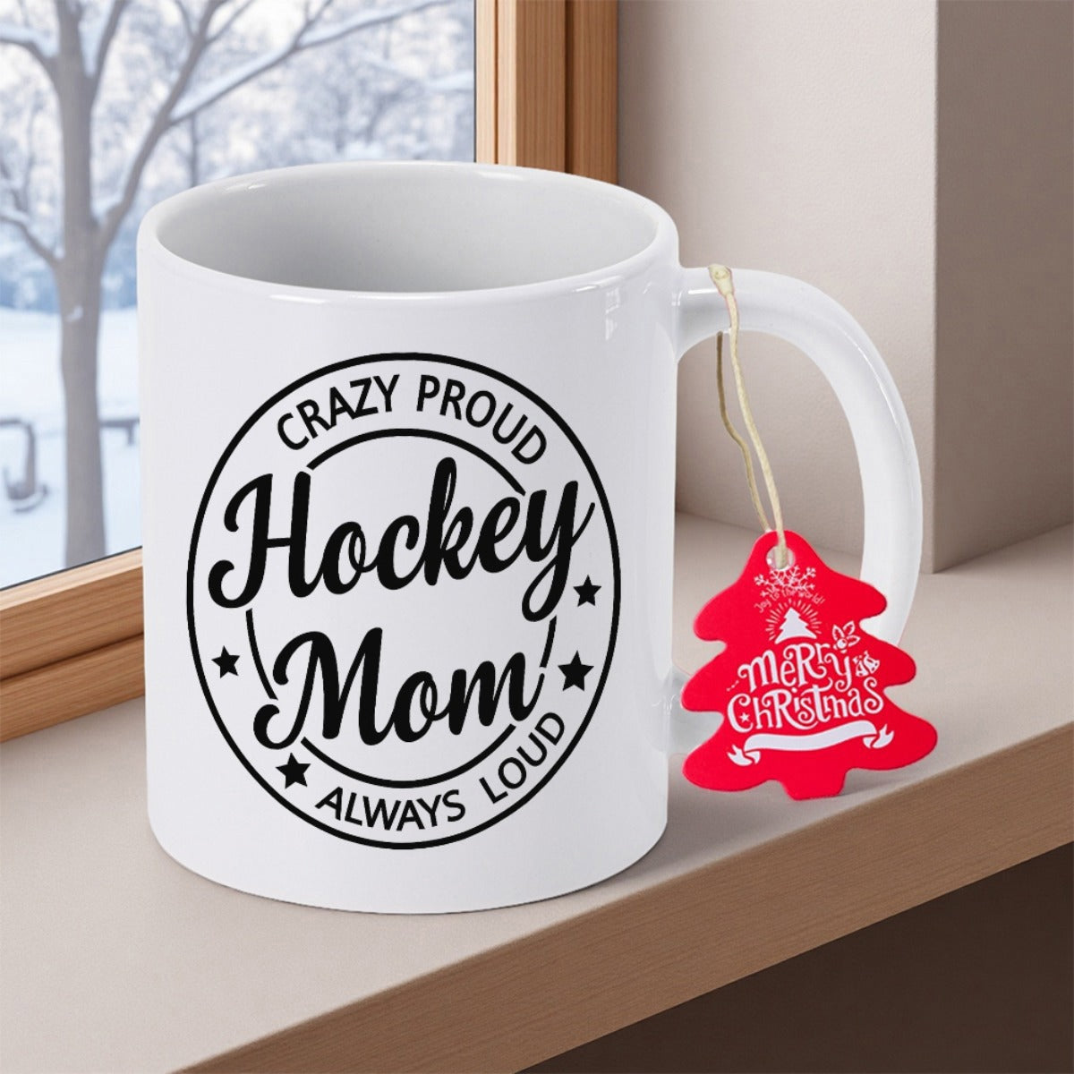 Tailorly White Ceramic 11 oz Mug - Crazy Proud Hockey Mom Always Loud Circular Emblem Featuring Decorative Stars In Minimalist Style Badge