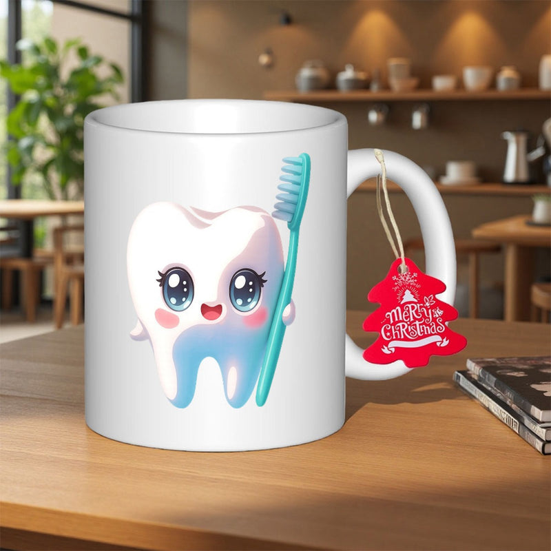 Tailorly White Ceramic 11 oz Mug - Merry Christmas Kawaii Character Holding A Toothbrush Among Soft Blue Highlights Tooth