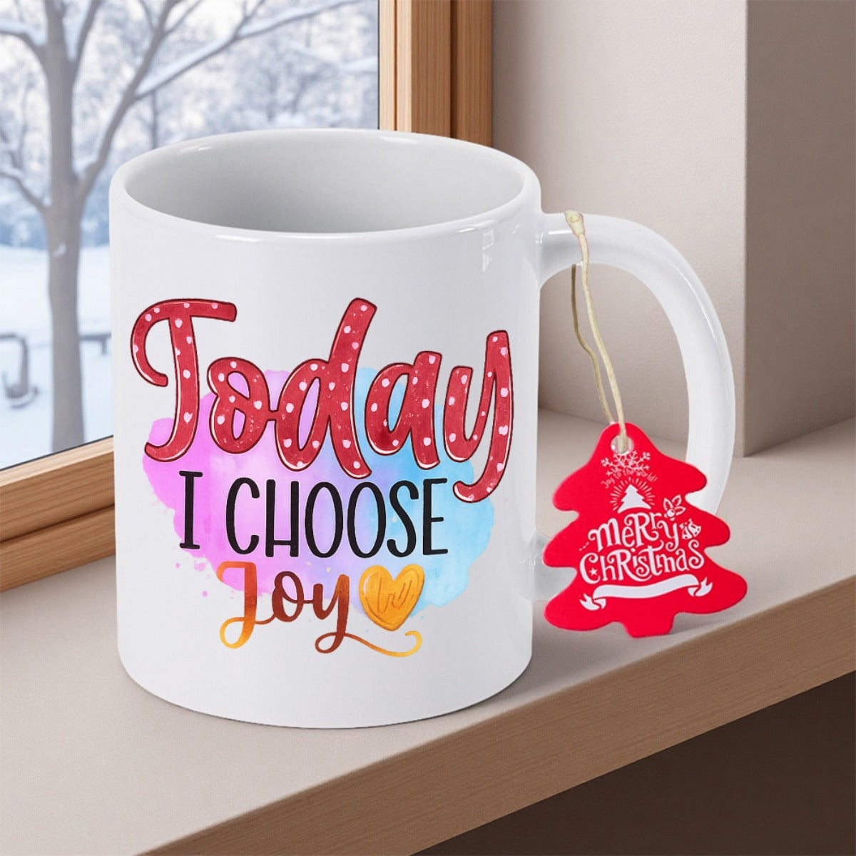 Tailorly White Ceramic 11 oz Mug - Today I Choose Joy Colorful Watercolor Splashes Featuring Golden Heart And Decorative Script Mug