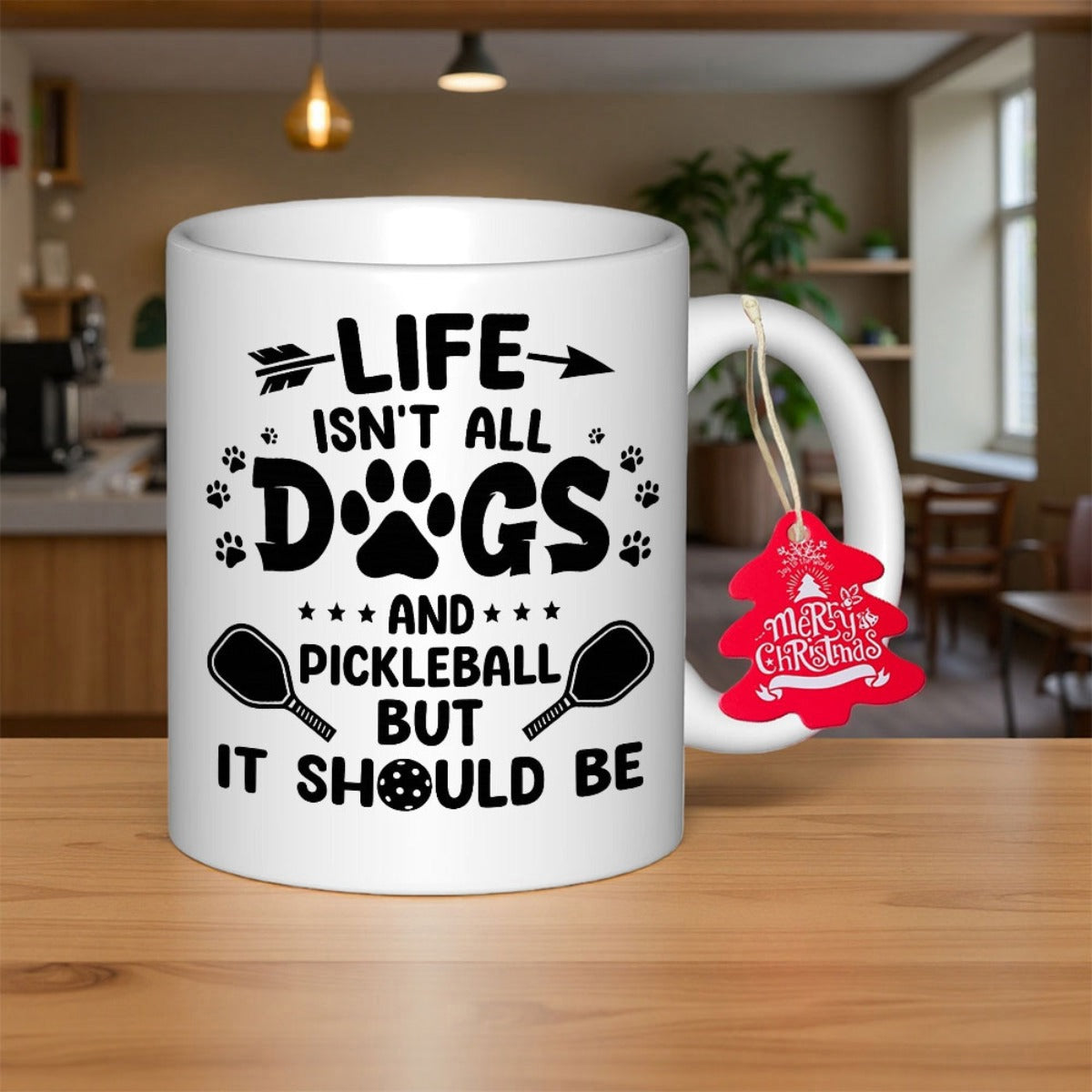 Tailorly White Ceramic 11 oz Mug - Life Isnt All Dogs And Pickleball But It Should Be Sporty Design With Paw Prints And Arrows Featuring Sporty Pickleball Paddle